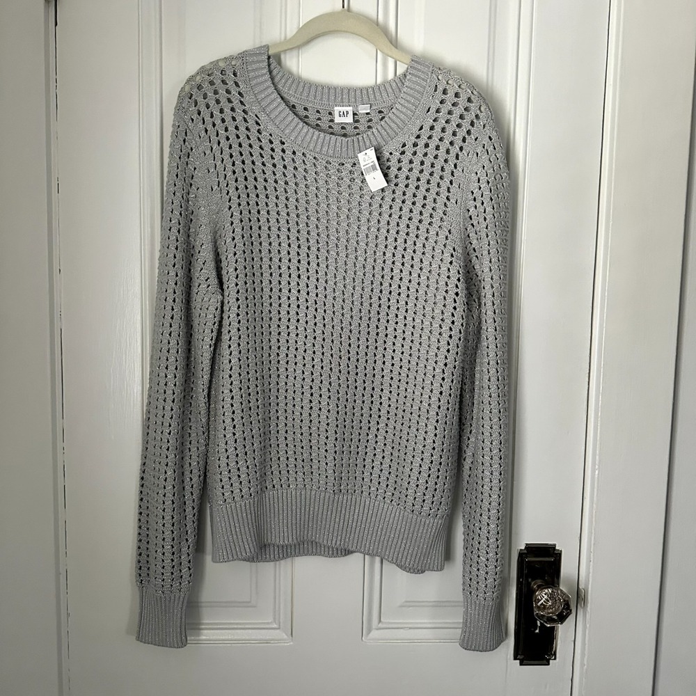 GAP‎ Silver Open Weave Crochet Sweater Cotton Blend Size L NWT